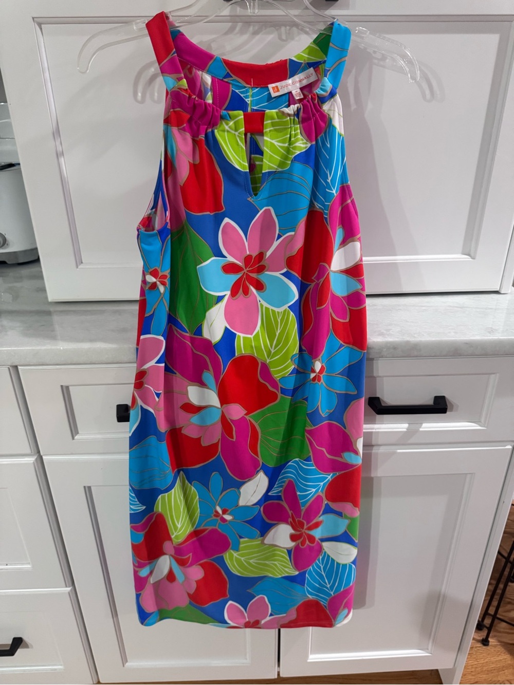 Jude Connally Bright Multicolor Floral Midi Dress — Blue Pink Red Green